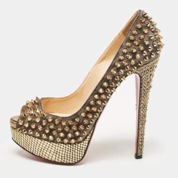 Pre Owned Christian Louboutin Metallic Lurex Fabric Lady Peep Spikes Pumps Size 35.5