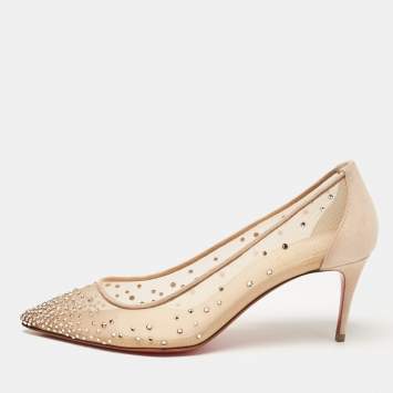 Pre Owned Christian Louboutin Beige Mesh and Suede Follies Strass Pumps Size 36