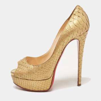 Pre Owned Christian Louboutin Gold Python Lady Peep Pumps Size 37