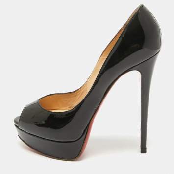 Pre Owned Christian Louboutin Black Patent Lady Peep Peep Toe Pumps Size 38.5