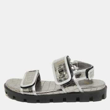 Pre Owned Christian Louboutin Silver Croc Embossed Leather Lock Cool Flat Sandals Size 39