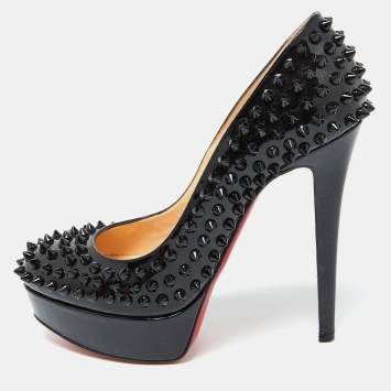 Pre Owned Christian Louboutin Black Patent Leather Bianca Spike Pumps Size 36.5