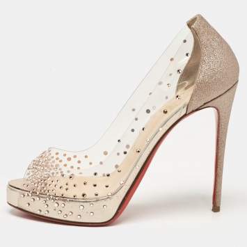 Pre Owned Christian Louboutin Metallic Pink Glitter and PVC Very Strass Pumps Size 37