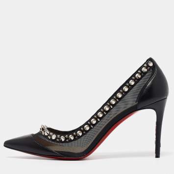 Pre Owned Christian Louboutin Black Leather Mesh Galativi Spike Pumps Size 37.5