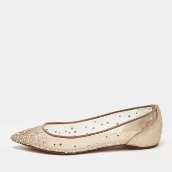 Pre Owned Christian Louboutin Gold Glitter and Mesh Follies Strass Ballet Flats Size 37
