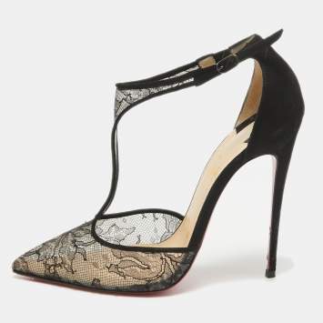 Pre Owned Christian Louboutin Black Mesh Suede Salonu Mary Jane Pumps Size 37
