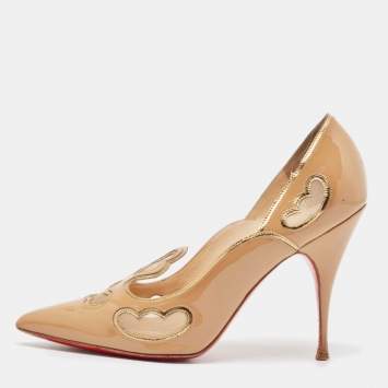 Pre Owned Christian Louboutin Beige/Gold Mesh and Patent Leather Indies Pumps Size 38