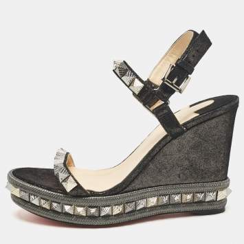 Pre Owned Christian Louboutin Black Suede Pyraclou Wedge Sandals Size 38