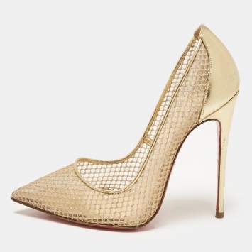 Pre Owned Christian Louboutin Gold Leather and Mesh Follies Resille Pumps Size 37