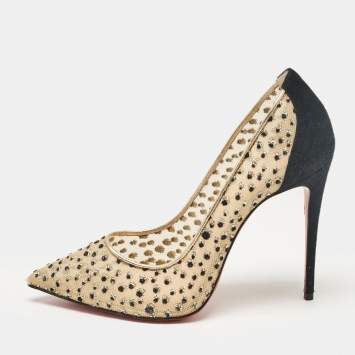 Pre Owned Christian Louboutin Beige/Black Mesh and Suede Follies Lace Pumps Size 38