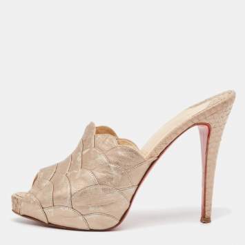 Pre Owned Christian Louboutin Beige Leather Snakeskin and Leather Ananas Slide Sandals Size 38.5
