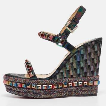 Pre Owned Christian Louboutin Multicolor Patent Leather Pyraclou Wedge Sandals Size 38