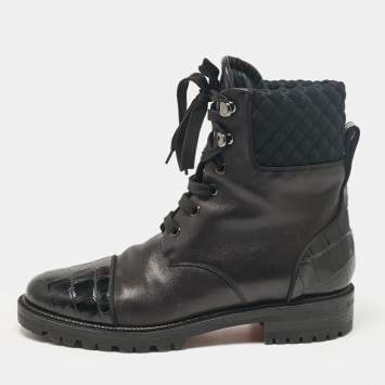 Pre Owned Christian Louboutin Black Croc Embossed and Leather Ankle Length Boots Size 39