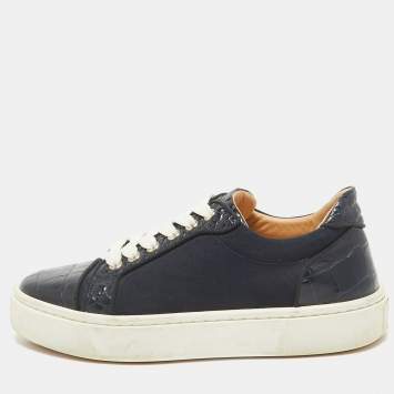 Pre Owned Christian Louboutin Navy Blue Canvas and Crocodile Leather Louis Sneakers Size 37.5