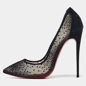 Pre Owned Christian Louboutin Black Mesh and Suede Follies Pumps Size 38