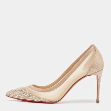 Pre Owned Christian Louboutin Beige Leather and Mesh Pumps Size 36