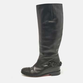 Pre Owned Christian Louboutin Black Leather Egoutina Knee Length Boots Size 40