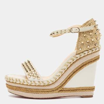 Pre Owned Christian Louboutin Cream Leather and Raffia Wedge Ankle Strap Sandals Size 40