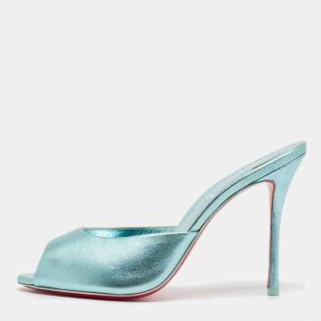 Pre Owned Christian Louboutin Metallic Blue Leather Me Dolly Slide Sandals Size 39.5