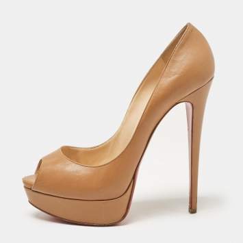 Pre Owned Christian Louboutin Brown Leather Lady Peep Pumps Size 40.5