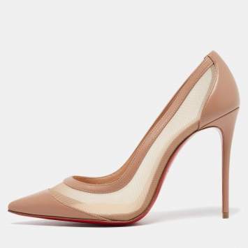 Pre Owned Christian Louboutin Beige Mesh and Leather Pointed Toe Pumps Size 38.5