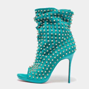 Pre Owned Christian Louboutin Aqua Blue Suede Guerilla Spiked Ankle Length Boots Size 36