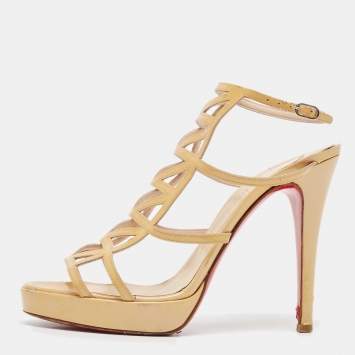 Pre Owned Christian Louboutin Beige Patent Leather Cut Out Strappy Sandals Size 37.5