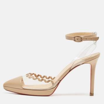 Pre Owned Christian Louboutin Beige Leather and PVC Platform Ankle Strap Pumps Size 38