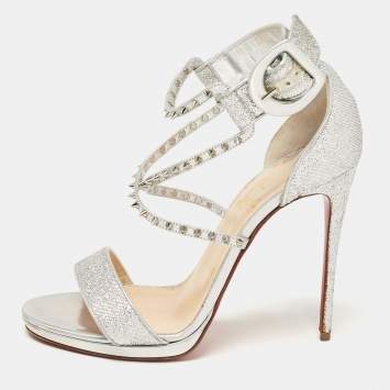 Pre Owned Christian Louboutin Silver Lurex Fabric and Leather Choca Lux Sandals Size 39