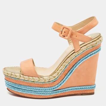 Pre Owned Christian Louboutin Orange Nubuck Leather Wedge Sandals Size 38