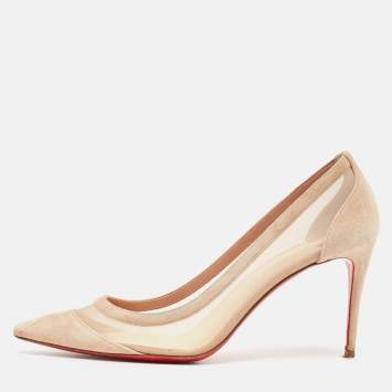 Pre Owned Christian Louboutin Beige Mesh and Suede Galativi Strass Pumps  Size 38.5