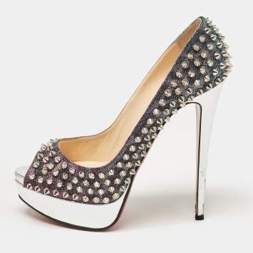 Pre Owned Christian Louboutin Metallic Purple/Blue Lurex Fabric Lady Peep Spikes Pumps Size 38.5