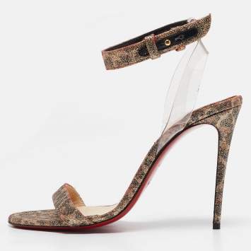 Pre Owned Christian Louboutin Gold Leopard Print Glitter and PVC Jonatina Sandals Size 38