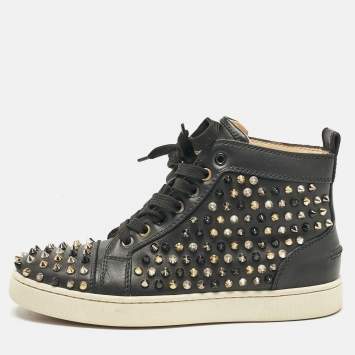 Pre Owned Christian Louboutin Black Leather Louis Spikes High Top Sneakers Size 38