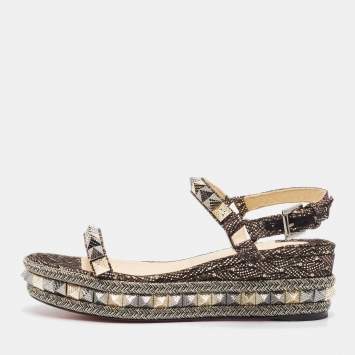 Pre Owned Christian Louboutin Black/Gold Glitter Fabric Pyraclou Platform Sandals Size 38