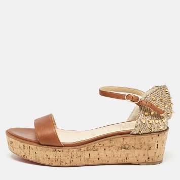 Pre Owned Christian Louboutin Brown Leather and Tweed Spike Wedge Sandals Size 38