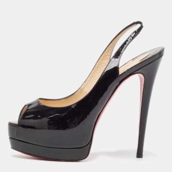 Pre Owned Christian Louboutin Black Patent Leather Lady Peep Sling Peep Toe Pumps Size 38.5