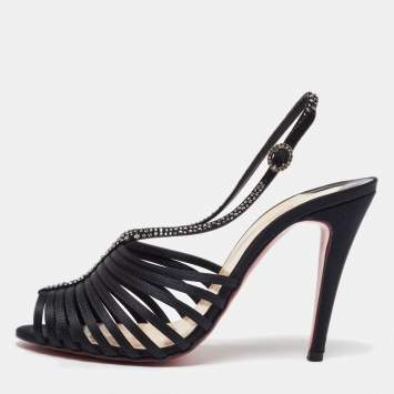 Pre Owned Christian Louboutin Black Satin Bretelle Ankle Strap Sandals Size 39.5