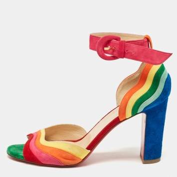 Pre Owned Christian Louboutin Multicolor Suede Rainbow Ankle Strap Sandals Size 38