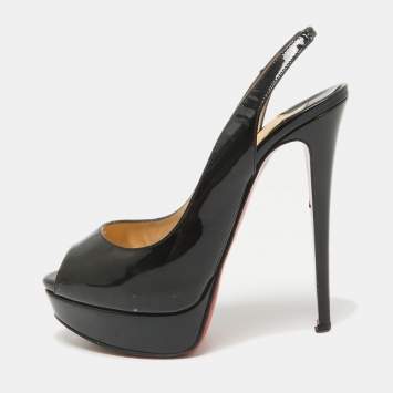 Pre Owned Christian Louboutin Black Patent Leather Lady Peep Slingback Pumps Size 39