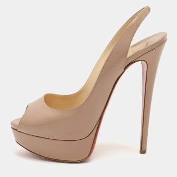 Pre Owned Christian Louboutin Beige Leather Lady Peep Toe Platform Slingback Sandals Size 38