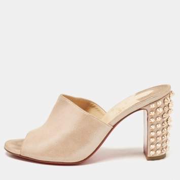 Pre Owned Christian Louboutin Beige Shimmer Suede Spike Heel Slide Sandals Size 36.5