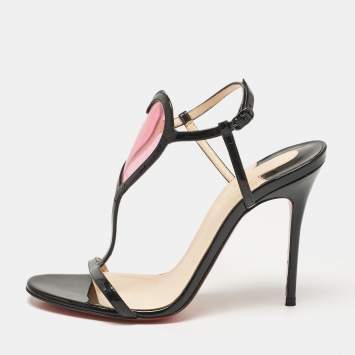 Pre Owned Christian Louboutin Black Patent Leather and PVC Cora Heart Ankle Strap Sandals Size 36