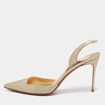 Pre Owned Christian Louboutin Gold Glitter Leather Ever Slingback Pumps Size 39.5