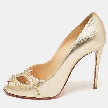 Pre Owned Christian Louboutin Gold Leather Cagouletta Spike Pumps Size 38.5