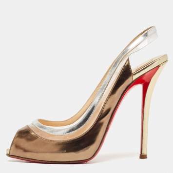 Pre Owned Christian Louboutin Gold/Silver Leather and PVC Paulina Peep Toe Pumps Size 38