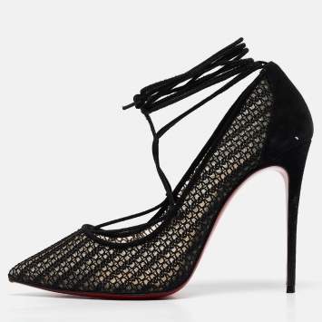 Pre Owned Christian Louboutin Black Mesh and Suede Peropik Pumps Size 38