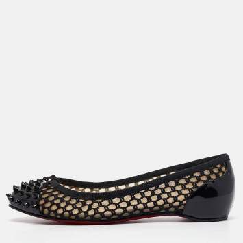 Pre Owned Christian Louboutin Black Mesh and Patent Cord Mix Ballet Flats Size 37.5