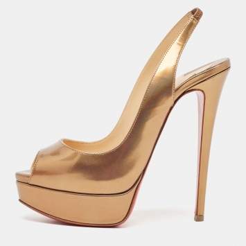 Pre Owned Christian Louboutin Brown Patent Leather Lady Peep Slingback Platform Pumps Size 38