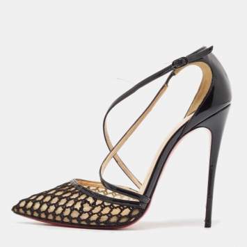 Pre Owned Christian Louboutin Black Mesh and Patent Blake 120 Pumps Size 37.5
